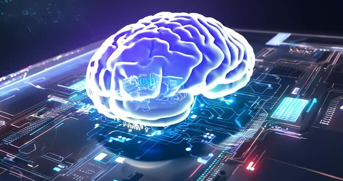 hologram of a brain on a motherboard, data transfer, technological environment with lights