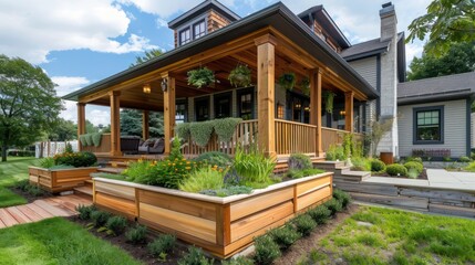 Fototapeta premium suburban craftsman home with a wraparound porch and custom-made wooden planters