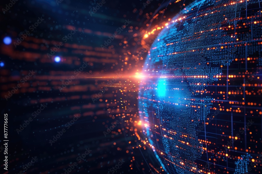 Poster a blue and orange sphere with a light shining through it, lines of code swirling around glowing glob