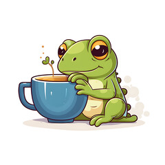 Cute green frog with a cup of tea. Vector illustration.