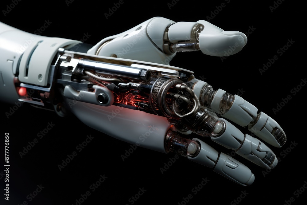 Poster a robotic hand with a red light on it, robotic arm surgery with precision