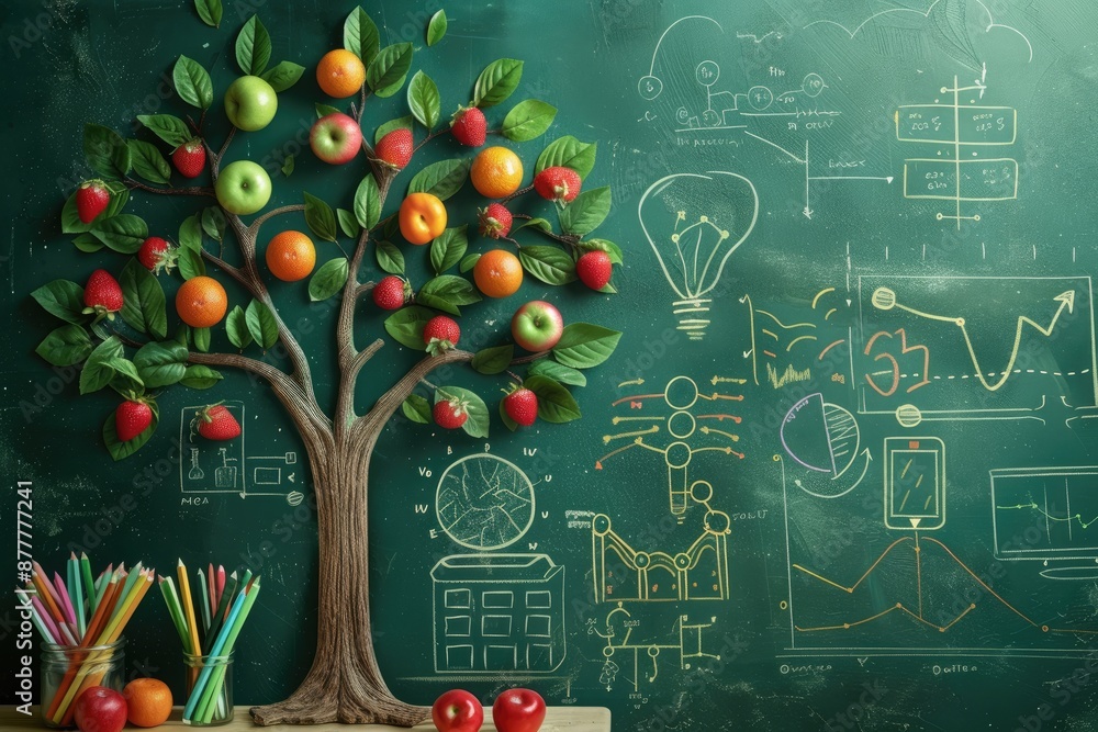 Fototapete a tree with colorful leaves and a bar chart, Tree of knowledge with leaves shaped like datgraphs, representing the fruits of analysis