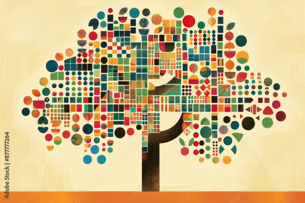 Fototapete a tree with colorful leaves and a bar chart, Tree of knowledge with leaves shaped like datgraphs, representing the fruits of analysis
