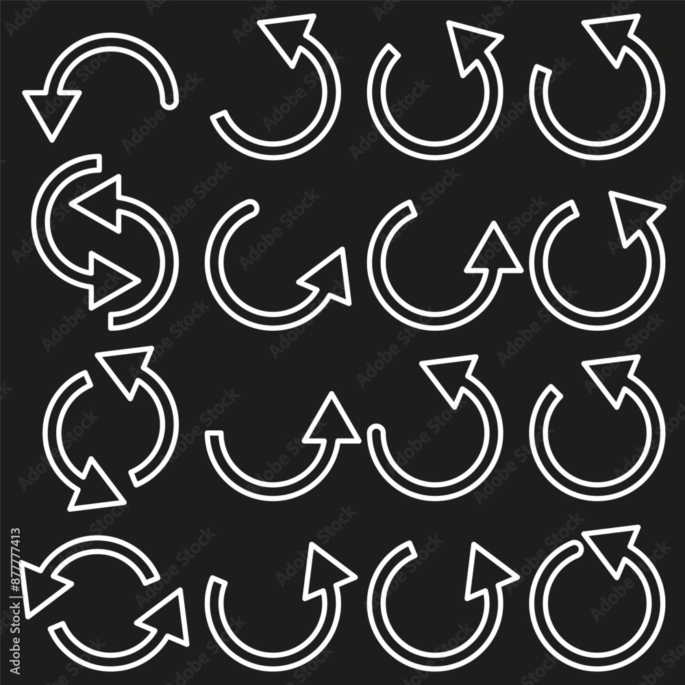 Poster arrow rotation icons. white arrows set. black background. vector symbols.