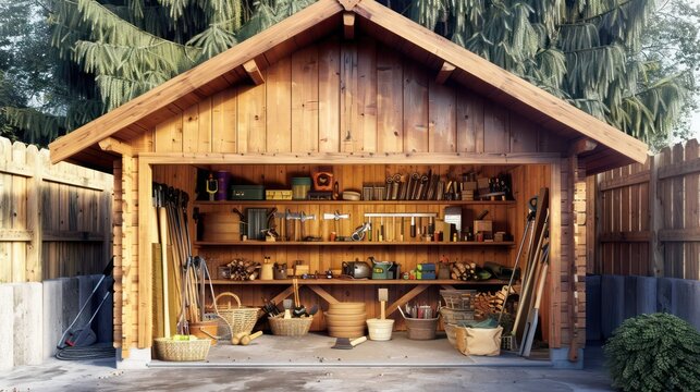 wooden craftsman style storage shed, perfectly organized with garden tools and supplies, under a gabled roof
