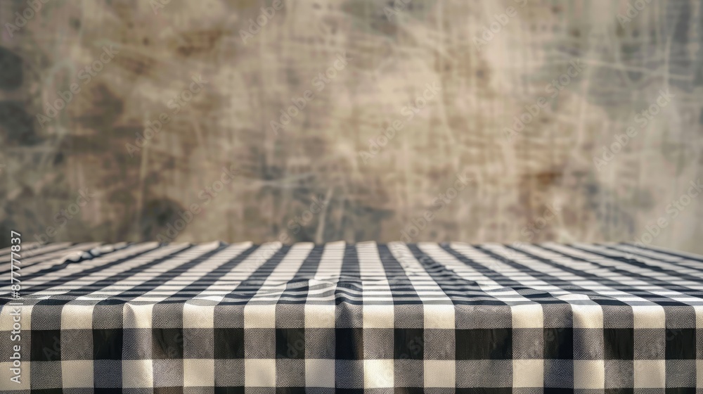 Poster checkered tablecloth on a vacant table for a photomontage or displaying products