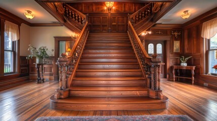 Obraz premium charming wooden staircase with handcrafted railings inside a suburban Craftsman home