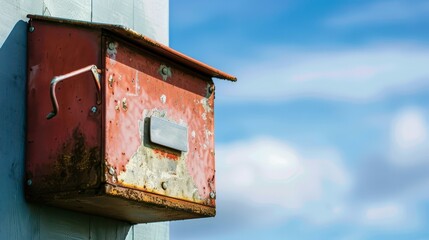 Rusty Red Metal Box Mounted On A Pole Against A Blue Sky