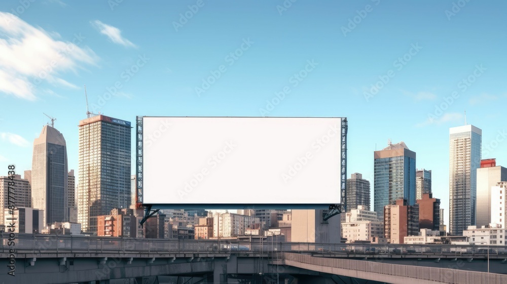 Aufkleber urban billboard above an empty highway with overcast skies and modern cityscape in the background. a