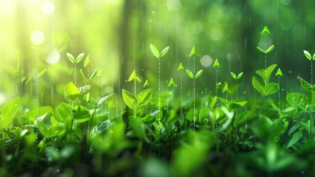 Green and sustainable development in the business sector, showcasing upward arrows symbolizing the growth and positive impact of environmental, social, and governance (ESG) practices.