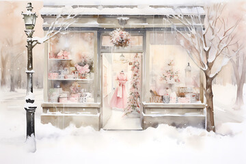Girl standing in front of the shop window. Digital watercolor painting
