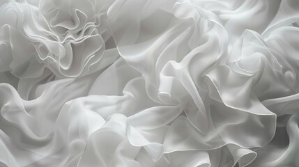 Obraz premium Elegant White Tulle Fabric Wedding Dress Texture with Intricate Ruffles and Layers, Perfect for Bridal Fashion. Top View of Delicate White Folds Creating a Luxurious and Sophisticated Look.&nbsp;