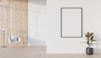 modern white contemporary living room with blank poster frame	