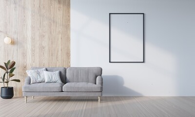 modern white contemporary living room with blank poster frame	