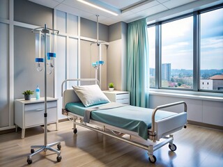 A sterile hospital room setup shows an unoccupied bed with an IV pole and saline drip bag, conveying a sense of medical treatment and recovery process.
