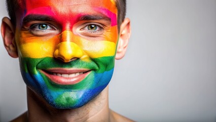 Vibrant rainbow face paint adorns a joyful anonymous face, beaming with pride, celebrating LGBTQ identity on a crisp isolated white background with ample copy space.