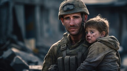 Fototapeta premium Brave Soldier Rescuing Distressed Child in Devastated Village Amidst Chaos
