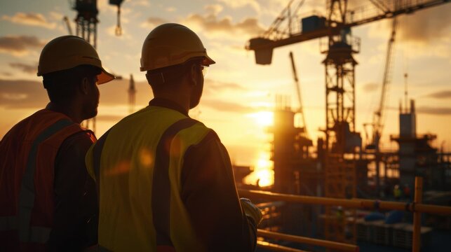 Two construction workers in hard hats and vests looking at a sunset over a construction site.