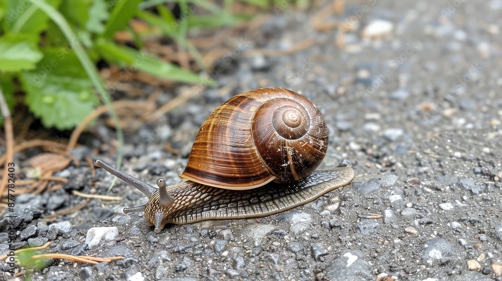 Wall mural Brown snail on a grey path