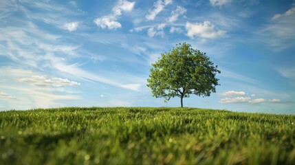 Lone Tree Standing Tall In A Green Meadow On A Sunny Day
