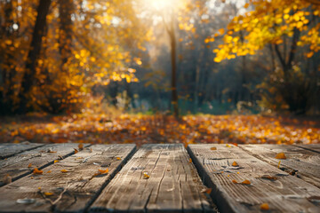 Rustic Wooden Table in Scenic Autumn Forest for Seasonal Outdoor Nature Backgrounds

