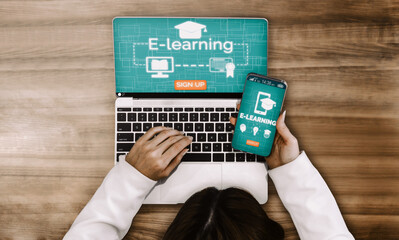E-learning and Online Education for Student and University Concept. Graphic interface showing...