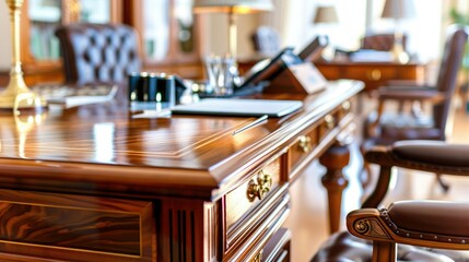 Elegant wooden office desk with vintage chairs and decor, perfect setting for a professional workspace or luxury home office environment.