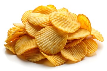 Delicious potato chips on white background, Bowl of tasty ridged potato chips.