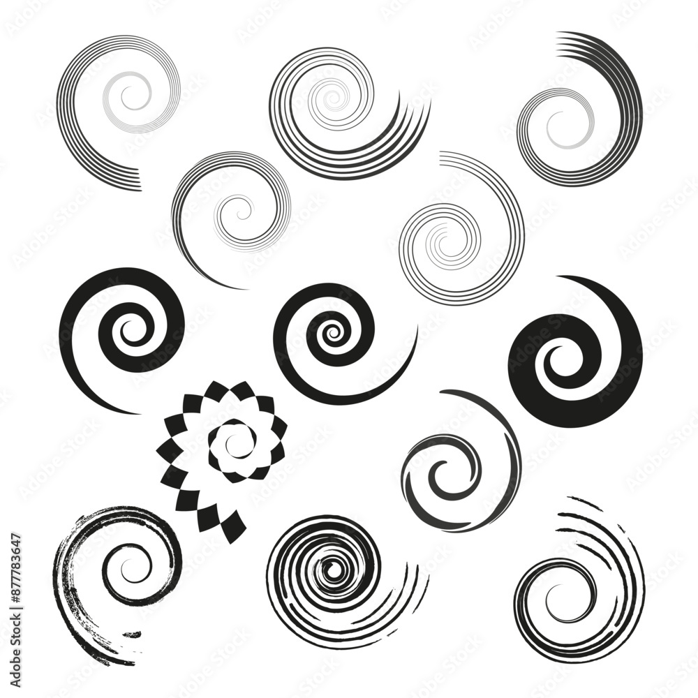 Wall mural vector set of spiral elements. various styles in black. decorative swirl designs. artistic abstract 