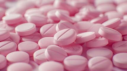 Pile of pink pills with pills text on white background for medical and health concept