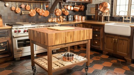 craftsman kitchen with a center island made of natural wood and topped with a butcher block, under a pot rack filled with copper pots