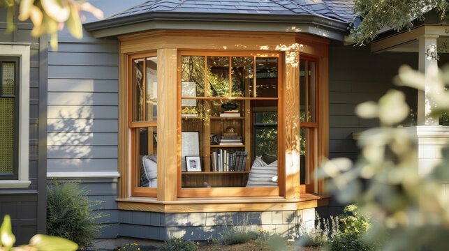 Craftsman house's bay window with custom wooden framing and a cozy reading nook inside