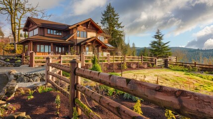 custom-made wooden Craftsman-style fence, surrounding a property and blending naturally with the landscape