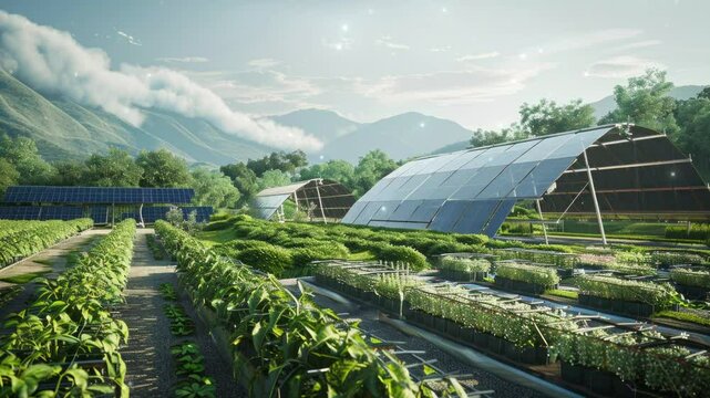 A sustainable farm showcasing the innovative agrivoltaics concept, where solar panels are harmoniously integrated above crops to maximize land use for renewable energy and agriculture. 