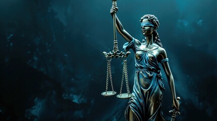 Fototapeta premium Statue of lady justice holding scales of justice in dramatic 3D ing on dark background for legal and business concepts