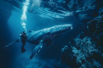 Blue Whale in a scuba diver suit, exploring an underwater cave.