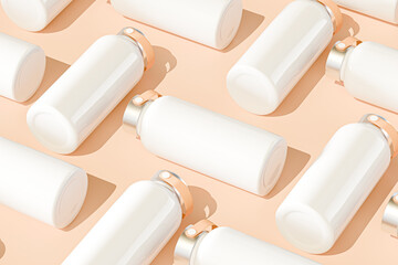 White water bottle mockup set neatly arranged, realistic metal aluminium beverage container with orange background, stainless steel camping equipment, isolated 3D rendering