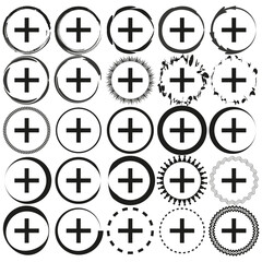 Plus sign icons. Circular frame designs. Varied black outlines. Vector illustration.