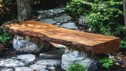 Obraz premium hand-laid wooden and stone bench in a Craftsman garden, designed to provide seating and enhance the natural surroundings