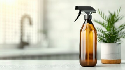 Eco-friendly amber glass spray bottle on a kitchen countertop with a potted plant in the background, perfect for cleaning solutions.