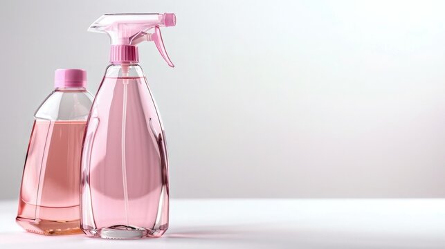 Two pink liquid cleaning spray bottles on a white background. Perfect for cleaning, sanitation, and household stock photos.