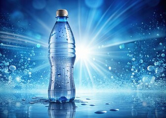 Fresh glass bottle of water on calming blue background overflows with refreshing droplets, symbolizing hydration and rejuvenation, with ample copy space for textual elements.