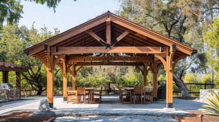 hand-laid wooden Craftsman-style pavilion with open sides, providing a shaded venue for outdoor events and gatherings