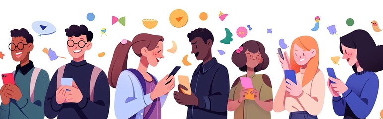 Group of people using smartphones to happily exchange emoji messages in celebration of World Emoji Day.Illustration, flat, cute, HD wallpaper