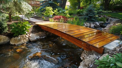 hand-laid wooden Craftsman-style footbridge over a babbling brook, enhancing the natural landscape of a backyard