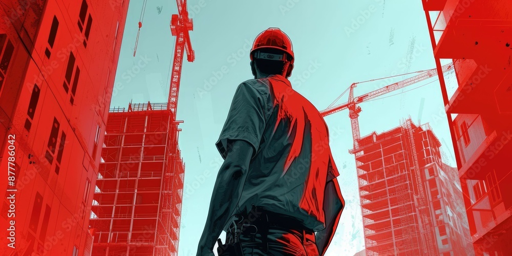 Poster professional smart civil engineer looking and planning building construction. skilled foreman wearin