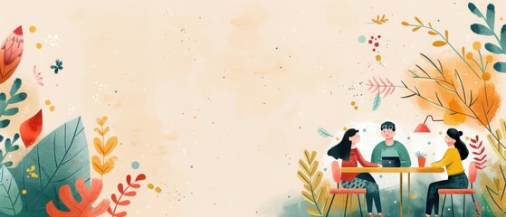 Vector illustration of friends having a meal together with autumn-themed foliage, offering a warm and inviting atmosphere.