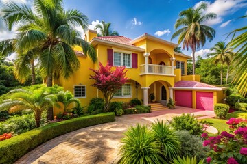 Vibrant pink and yellow tropical house with curved lines and bright shutters sits amidst lush greenery, surrounded by a circular driveway of pristine white stone.