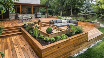 hand-laid wooden deck in a Craftsman garden, featuring built-in seating and planters for an integrated outdoor living space