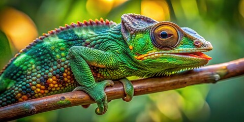 Vibrant green and brown alive chameleon reclines on branch, scales glistening, eyes rotating independently, long tongue visible, exotic reptile's natural habitat surroundings blurred.